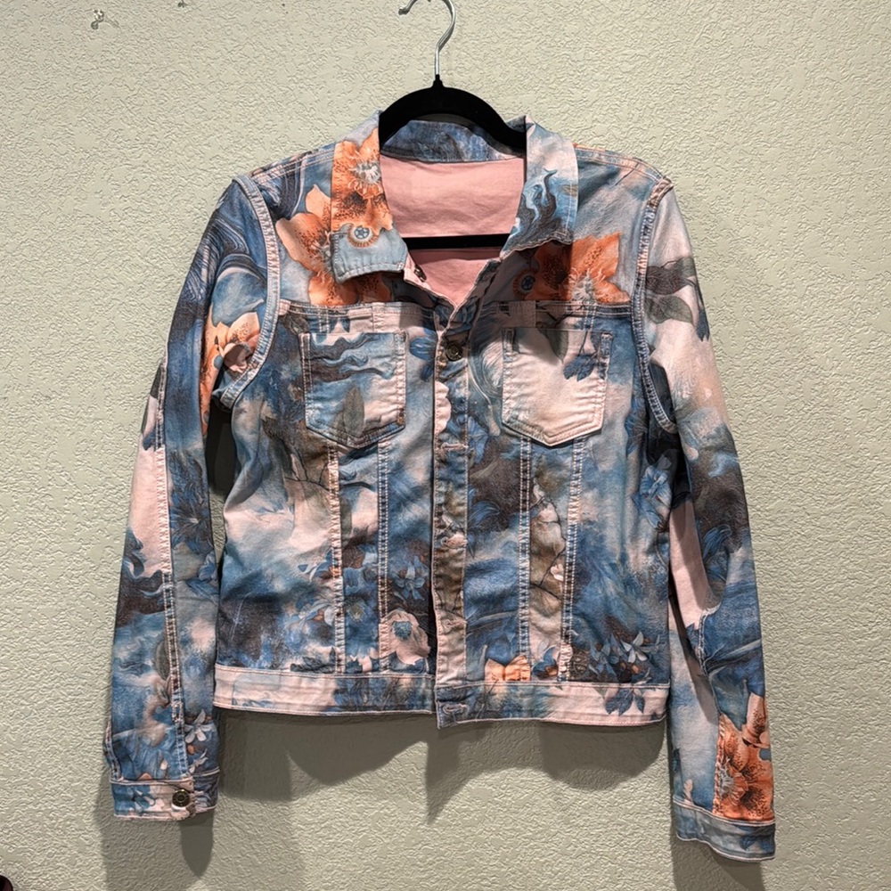 Tempo Paris Blue & Pink Floral Reversible Denim Jacket